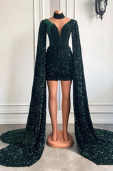 Unique Sequined Long Sleeve Mermaid Dark Green Short Party Dress