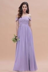 Off-the-Shoulde Lace Chiffon A-Line Bridesmaid Dress With Slit