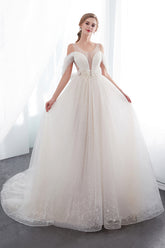 Elegant Long Lace A-line Tulle Sleeveless Floor Length Wedding Dresses