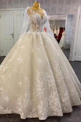 Vintage Long A-line Bateau Appliques Lace Sequins Tulle Floor Length Wedding Dresses