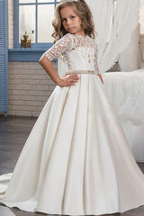 White Long A-line Scoop Neck Satin Lace Flower Girl Dress