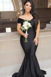 Black Long Off the Shoulder Floor Length Backless Mermaid Prom Dress