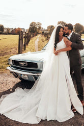 Simple White Long A-line V-neck Satin Wedding Dress with Slit