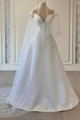 Long Off The Shoulder V-Neck Simple A-Line White Satin Wedding Dress