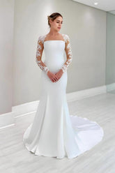 White Long Mermaid Satin Lace Wedding Dress with Floral Lace Sleeves
