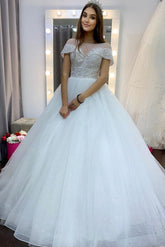 Elegant Long A-Line Bateau Sequins Crystal Short Sleeve Tulle Train Wedding Dress