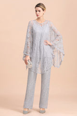 V-Neck Straps Appliques Silver Lace Wraps Mother of Bride Jumpsuit