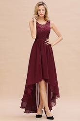 Vintage Bateau Appliques A-line Chiffon High Low Ruched Bridesmaid Dresses