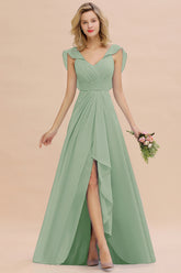 Simple High Low A-line V-Neck Ruffles Chiffon Dusty Sage Bridesmaid Dress