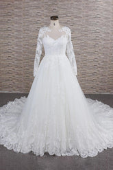 Plus Size Long A-line Applqiues Lace Tulle Wedding Dress with Sleeves