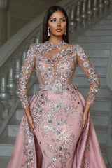Long Sleeves Satin Mermaid Floor Length Prom Dress with Detachable Train