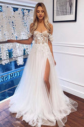 White Long A Line Lace Off The Shoulder Tulle Lace Boho Wedding Dress