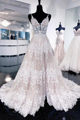 Elegant Long A-line V-neck Lace Backless Wedding Dresses