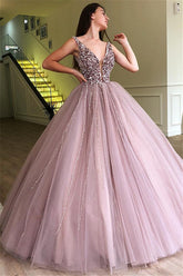 Long Ball Gown V-neck Tulle Beads Prom Dress