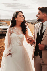 Modest Boho Long A-line One Shoulder Tulle Wedding Dress with Sleeves