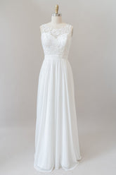 White Long A-line Straps Chiffon Lace Boho Wedding Dresses