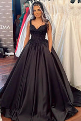 Black Long Sweetheart Wide Straps Satin Ball Gown Ruffles Floor Length Wedding Dress