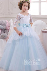 Long Tulle Lace Scoop Neck Ball Gown Flower Girl Dress with Sleeves