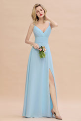 Vintage Spaghetti Straps V-neck A-line Chiffon Floor Length Bridesmaid Dress With Split