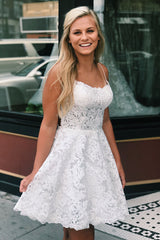 A-line Short Tulle Lace Open Back Homecoming Dress