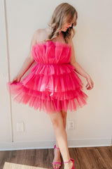 Cute A-line Strapless Tiered Tulle Party Homecoming Dress