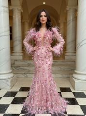 Long Mermaid V-neck Evening Formal Dresses with Sleeves