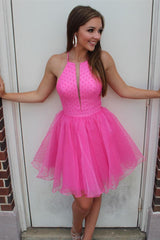 Cute Short A-line Halter Tulle Homecoming Dress