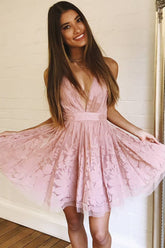 Cute Straps Short A-line V-neck Lace Homecoming Dress
