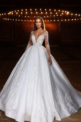 A-line Deep V-Neck Long Sleeve Floor Length Appliques Lace Wedding Dress
