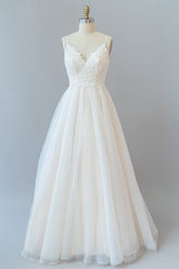 Long Sweetheart Spaghetti Strap Lace Tulle A-line Wedding Dress