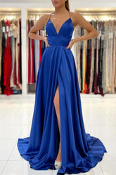 Simple Long A-line Spaghetti Straps V-neck Backless Ruffles Prom Dress with Slit