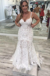 Long Spaghetti Straps Mermaid V Neck Backless Lace Wedding Dress