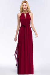 Vintage A-Line Chiffon Halter Sleeveless Ruffles Bridesmaid Dresses with Bow Sash
