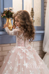 White Scoop Neck Long Sleeves Ball Gown Tulle Lace Flower Girl Dress