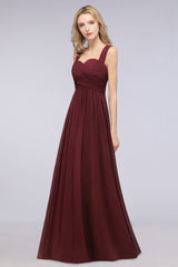 Simple Long A-line Cap Sleeves Sweetheart Burgundy Wedding Guest Dresses