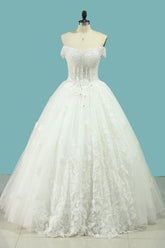 Beautiful Long Off the Shoulder Tulle Sequin Ball Gown Appliques Lace Wedding Dress