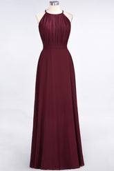 A-Line Chiffon Jewel Sleeveless Floor Length Bridesmaid Dress with Ruffles
