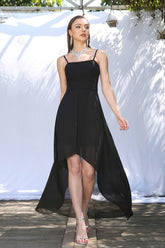 High Low Chiffon Spaghetti Straps Backless Black Party Dress