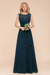 Chic Bateau Chiffon Floor Length A-Line Bridesmaid Dresses With Ruched