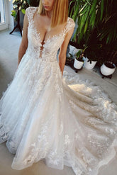 Classy Long Bateau A-line Appliques Lace Backless Church Train Wedding Dress