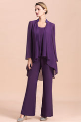 Straps Beading Grape Chiffon Long Sleeves Mother of Bride Jumpsuit With Wrap