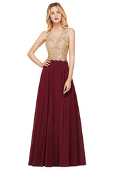 Long Burgundy A-line V-neck Chiffon Lace Backless Evening Dress