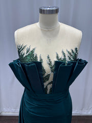 Dark Green Long Mermaid Strapless Satin Evening Dresses with Applique