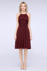 A-Line Chiffon Halter Sleeveless Knee-Length Bridesmaid Dress with Ruffles