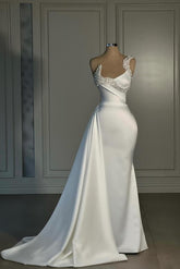 Long Mermaid White Strapless Satin Prom Dress with Beads