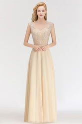 Elegant A-Line Champagne Sleeveless Crystal Jewel Bridesmaid Dress
