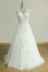 Long Sweetheart Cap Sleeve Appliques Lace Tulle A-line Wedding Dress