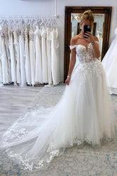 Charming White Long A-line Off the Shoulder Tulle Lace Wedding Dress