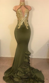 Modest Long High Neck Satin Ruffle Mermaid Prom Dress