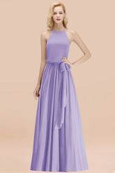 Modest Long A-line Halter Chiffon Bow Lilac Bridesmaid Dresses